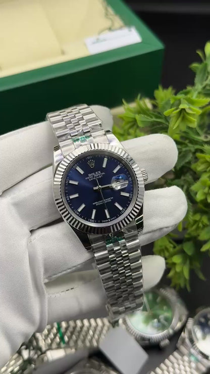 Silver with blue dial