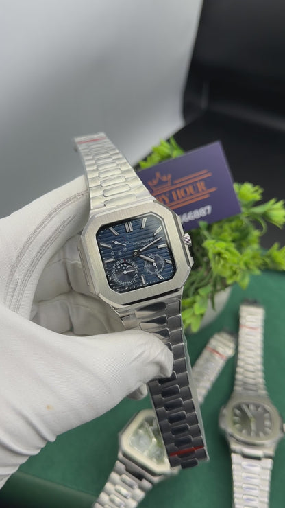 Silver with blue dial